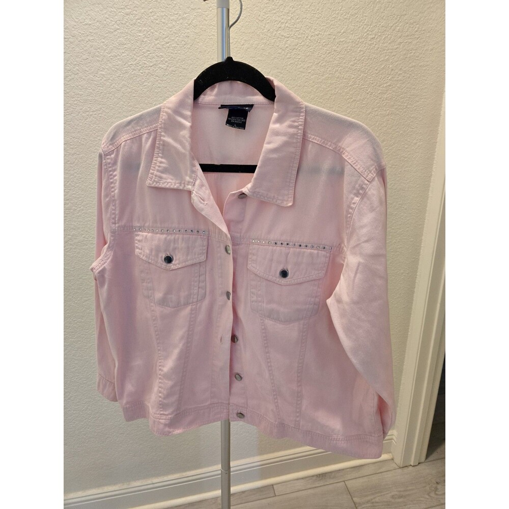 Las Olas Vintage Pink Denim Jacket Rhinestone Studded Y2K Jean Coat Women Size L